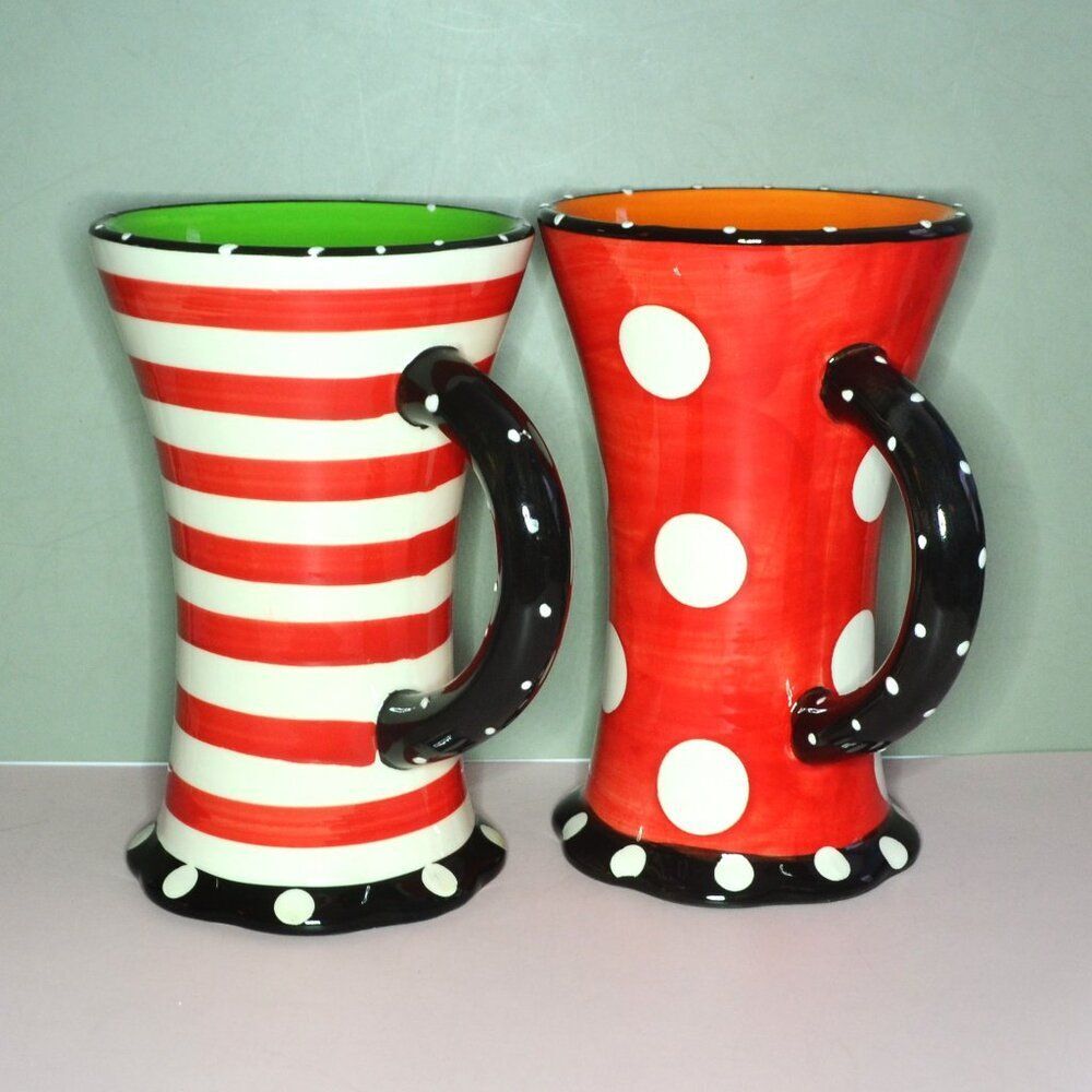 Pair Of Pier 1 Colorful Mugs Polka Dots Stripes Vivid Colors Drinkware - Picture 2 of 11